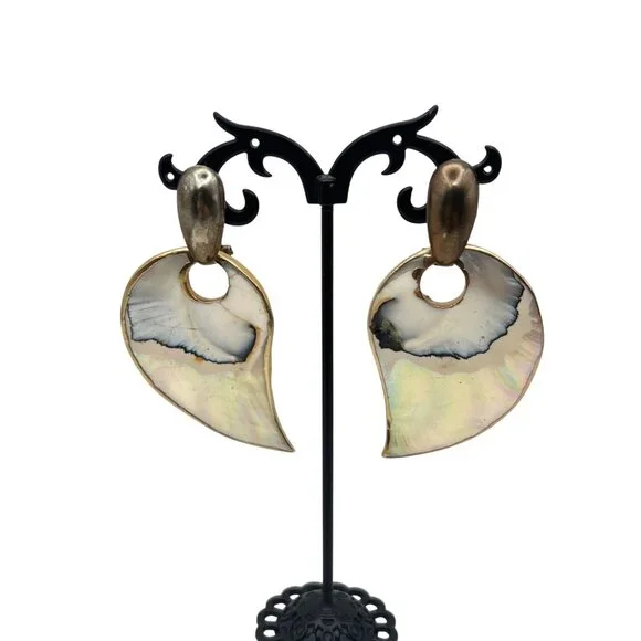 Mother Of Pearl Reversible Omega Back Earrings Abalone Gold Tone Statement Vtg - Picture 3 of 8